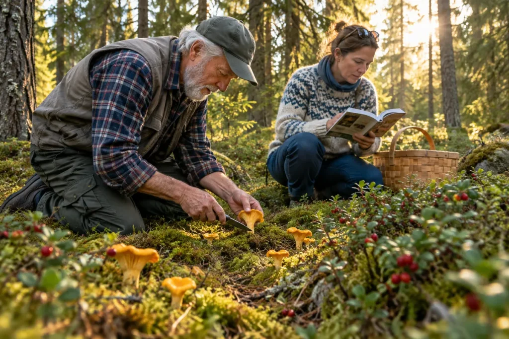 Två personer plockar kantareller i en svensk granskog